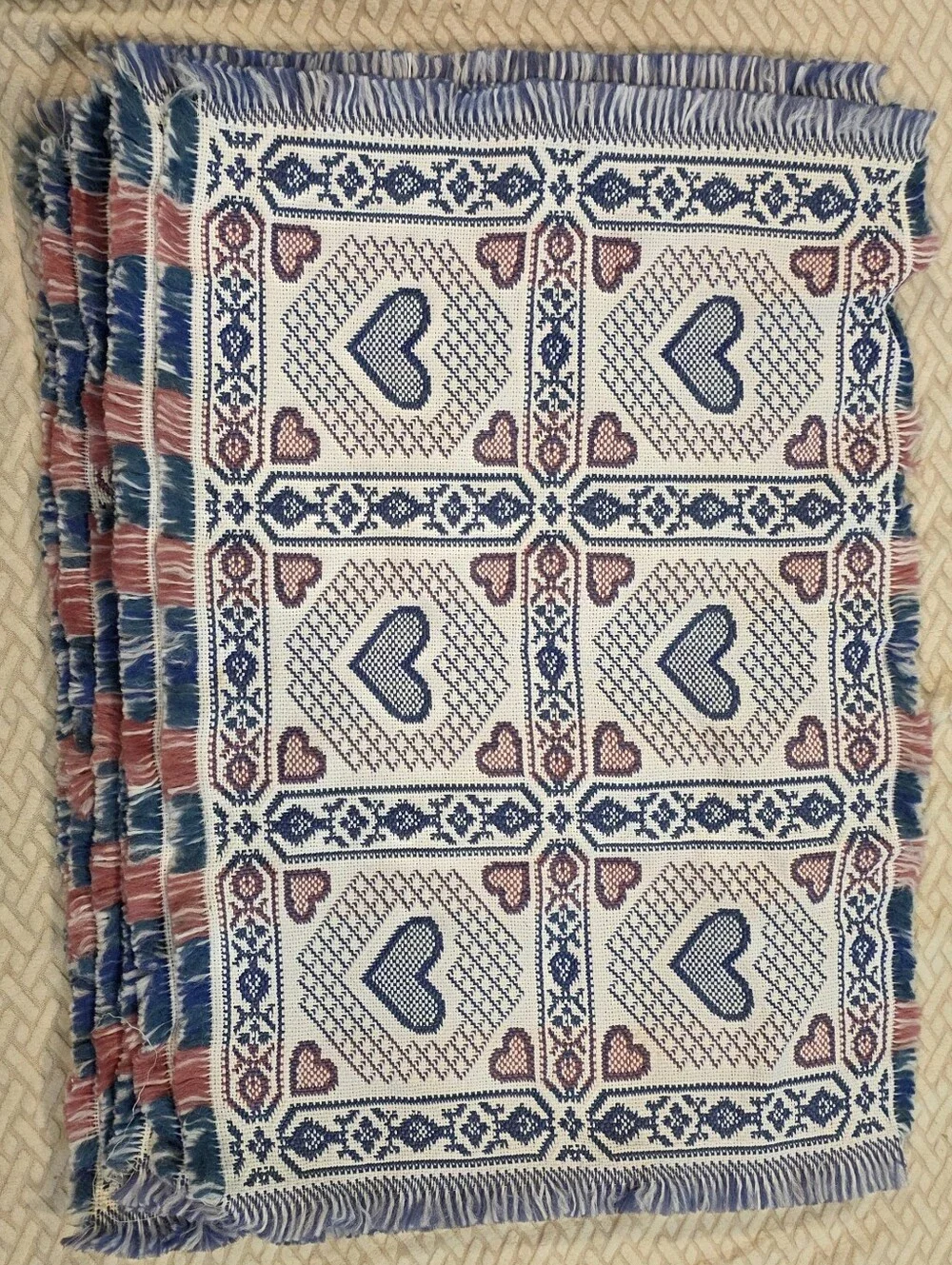 6  Cottagecore Vintage Heart Pattern Woven Place Mats - Blue, Pink, White
